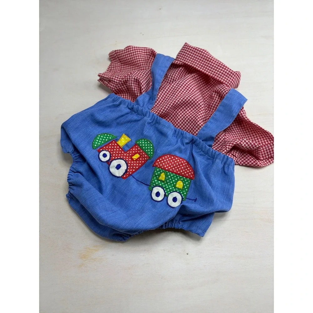 Vintage Baby Boy Train Bubble Romper and Gingham Shirt Set Blue Red 3-6 Months